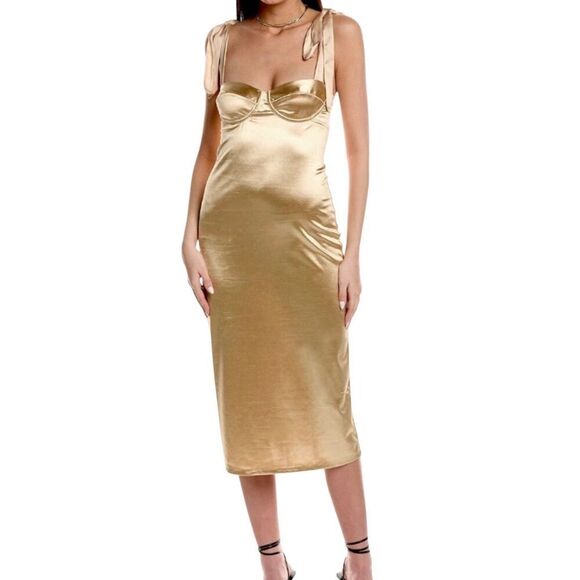 NEW Free People Casino Got Glam Tie Strap Satin Midi Latte Gold Sleeveless Dress - Picture 2 of 12